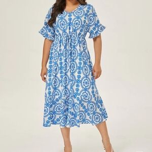 Blue and White Flutter Sleeve Midi Sundress